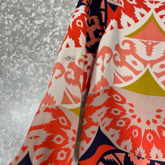 Sabine Coral & Blue Boho Printed 3/4 Sleeve Chiffon Top - Size XS - Scoop Neck - Picture 4 of 7